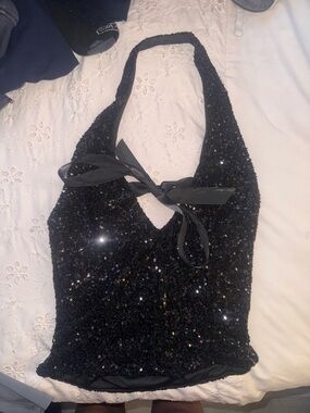 Forever 21 Black Sequin Halter Crop Top